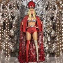 Сценические костюмы для певцов, комбинезон с принтом телесного цвета, красная накидка, наряды на день рождения для женщин, Рейв, одежда для ночного клуба, праздничная одежда DT1744