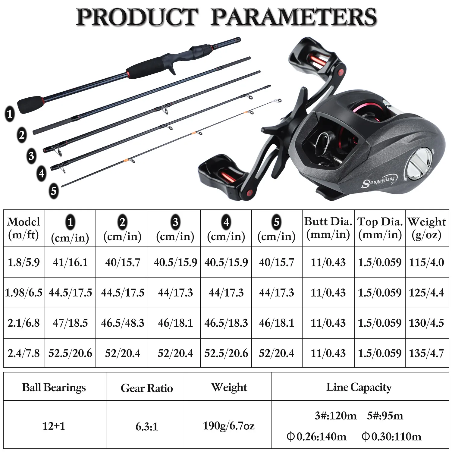 Sougayilang Fishing 1.8-2.4m Rod Combo Portable 5 Section Carbon Fishing Rod and 6.3:1 Gear Ratio12+1bb Casting Reel Set