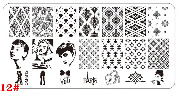 Kalvaro 1 шт. прямоугольные пластины для штамповки ногтей цветочные узоры для ногтей изображения пластины Кружева животных штампы шаблоны DIY Дизайн Инструменты - Цвет: OM-B12