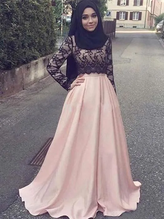Muslim Evening Dress 2019 Lace Long Sleeves A Line Evening Dress Arabic