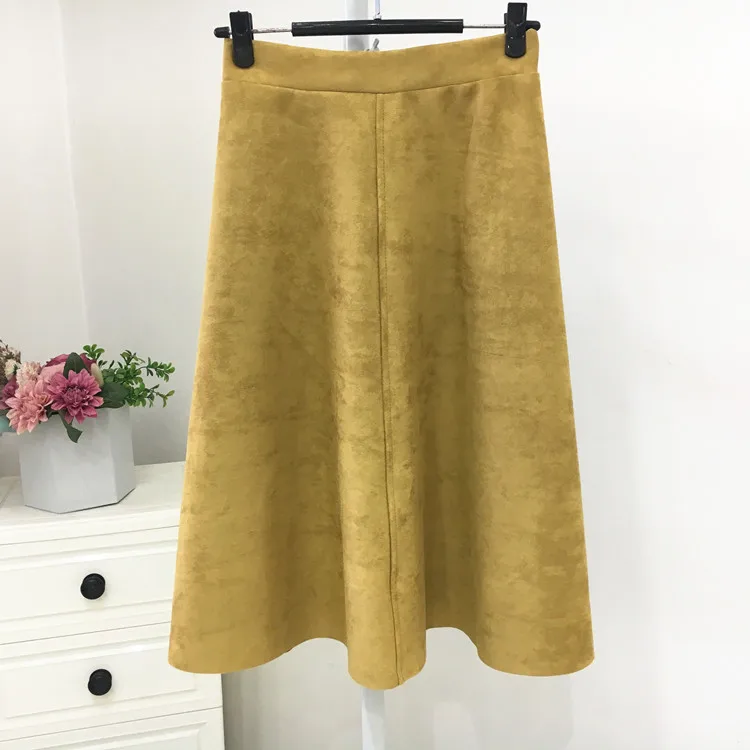yellow Женские юбки до середины икры юбка из замши плиссированные бархатные с завышенной талией из растягивающейся ткани Saia Миди юбки женская одежда - Цвет: yellow