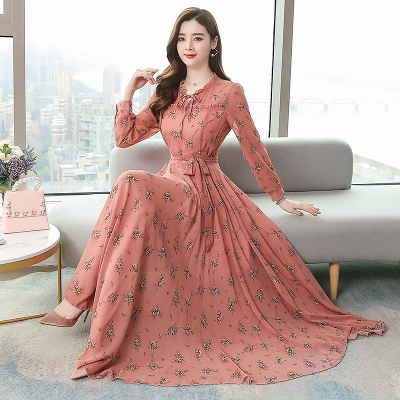 

High Quality 2022 Autumn New Bohemian Style Bow Collar Printed Woman Chiffon Long Dress Female Floral Dress S-4XL 357