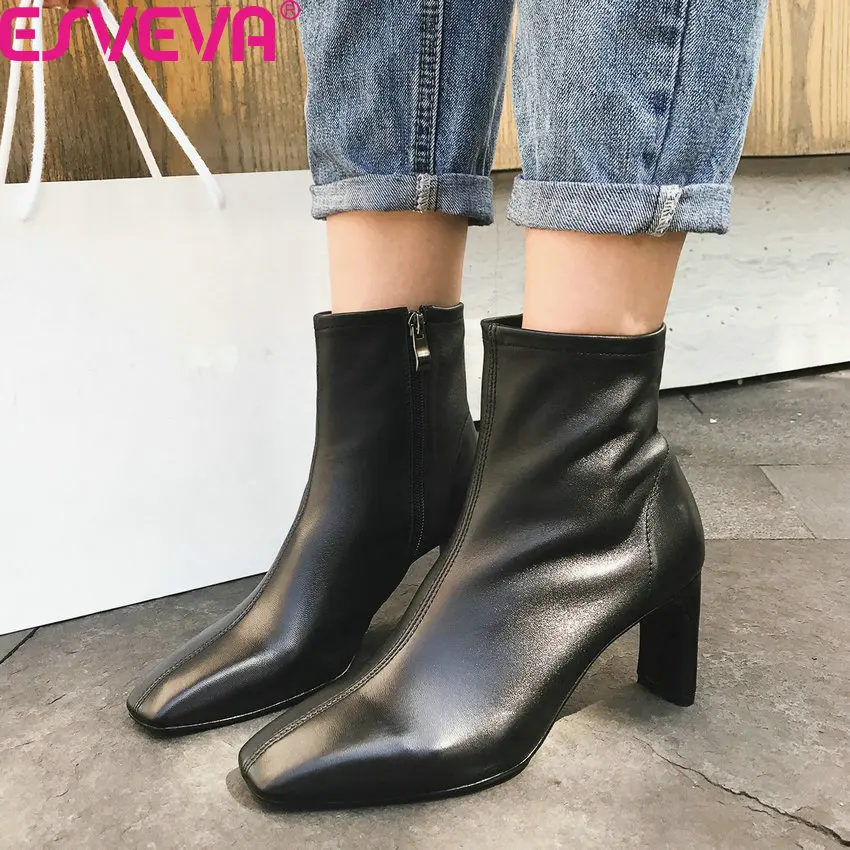 

ESVEVA 2020 Sheepskin Fashion Square High Heel Zipper Concise Ankle Boots Retro Square Toe Autumn Winter Women Shoes Size 34-39