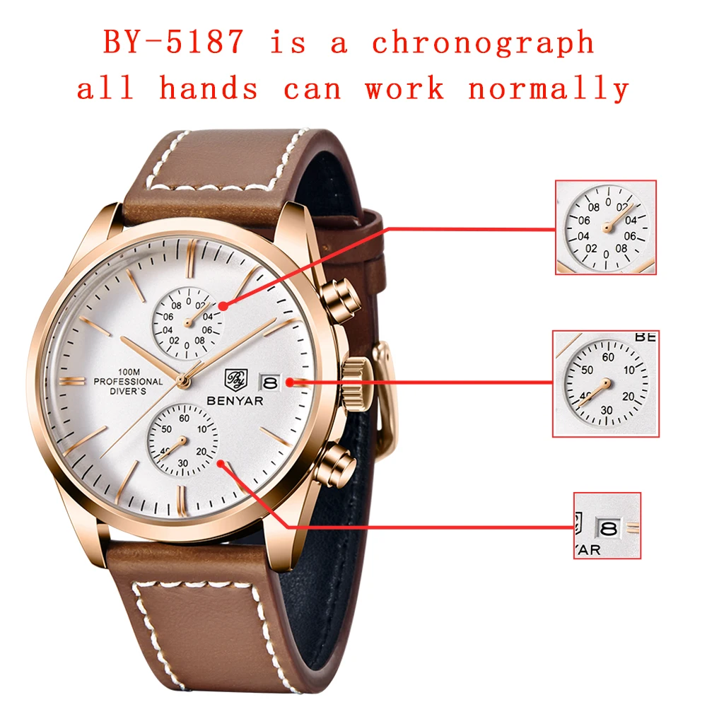 2021 BENYAR New Sports Watch for Men Top Brand Leather Waterproof Chronograph Men Military Men Quartz Wristwatches reloj hombre