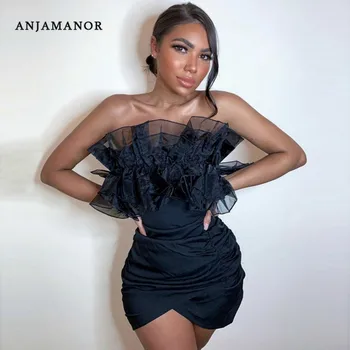 

ANJAMANOR Organza Ruffles Black Party Dress Sexy Club Wear Elegant Backless Strapless Mini Dresses Women Bodycon Dress D32-AD17