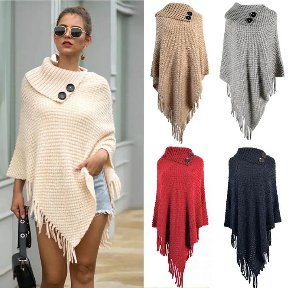 

Winter Sweater Women Knitwear 2020 Clothing Fashion Tassel Cloak with Shoulder Solid Color Round Neck Sweaters Loose Coat
