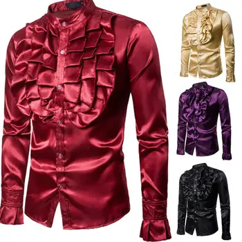 

Mens' Formale Shirts New Pure Color Long Sleeves Ruffles Collar Slim Fitness Tops Wear Buttons Bodycon Casual Shirt Male Tops