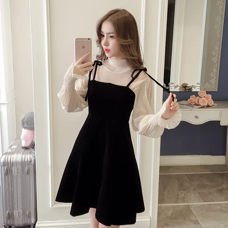 Ladies Girls Fashion Korean Summer Dress Flare Sleeve Black A-Line Casual Dress 