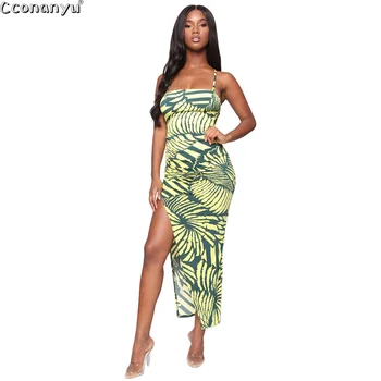 

Women Sling Dress 2019 Sleeveless High Waist Print Dress Ruffled Irregular Split Hem Sweet Dress