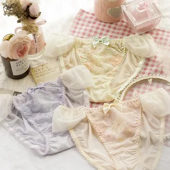 

Sun Flower Embroidery ~ Japanese Sweet Low Waist Teen Girl Milk Silk Panties Underwear Lovely Lace Bow Women's Briefs Ladies