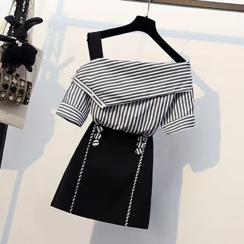 

2020 Summer Women Fashion 2 Piece Suit Slash Collar Off Shoulder stripe Shirt+High waist Mini Skirt Suits Skirts Set plus size