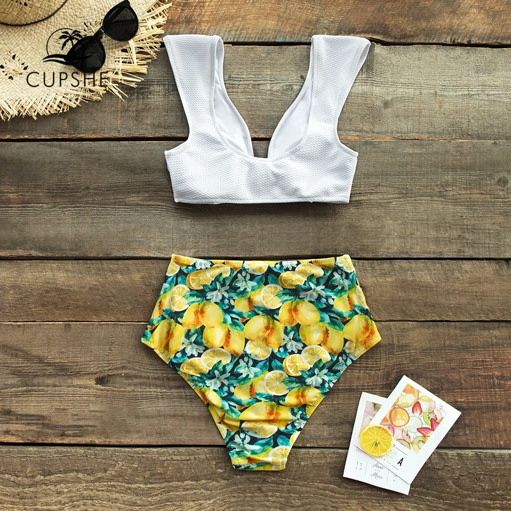 CUPSHE сладкий лимон с высокой талией женские комплекты бикини сексуальный бантик майка купальники купальник из двух частей пляжные купальные костюмы