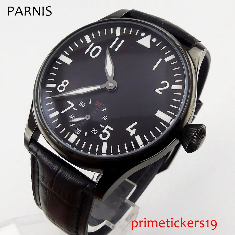 

PVD coated case hand winding 6498 movement 44mm PARNIS black dial leather strap mens watch 147HA