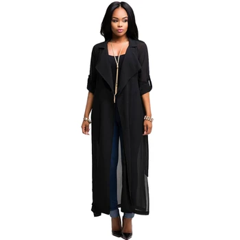 

Fashion Long Sleeve Cardigan Chiffon Oversizes Long Coat For Women With Belt Plus Size Loose Ladies Casual Knitting Coat Black X