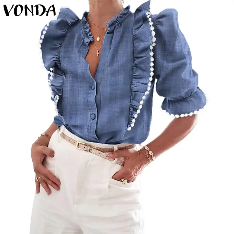 VONDA, женская блузка, туника,, летняя, женская, винтажная, v-образный вырез, половина рукава, гофрированная, рубашка, для девушек, для офиса, блузка, для отдыха, топы, блуза, S-5XL - Цвет: Blue