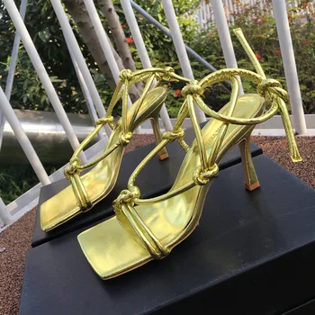 

2020 Fashion Square Toe Sandals Women High Heels Shoes Designer Genuine Leather Cross-Tied Ladies Summer Party Pump Shoes