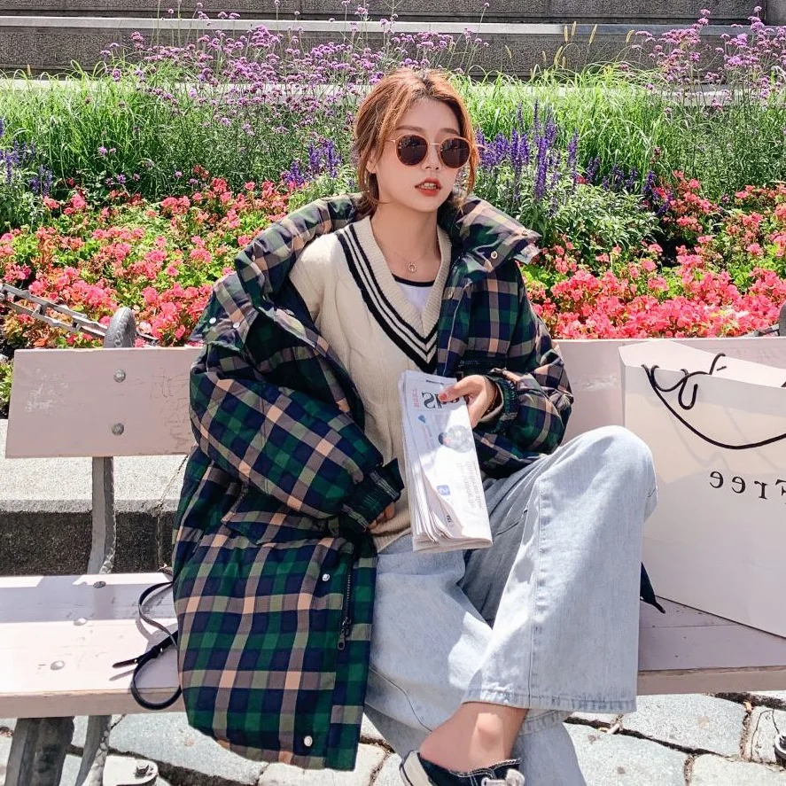 

Photo Shoot CHIC Vigorous GIRL'S Literature And Art Retro Plaid dou peng xing Mid-length Hooded down Coat Cotton-padded Clothes