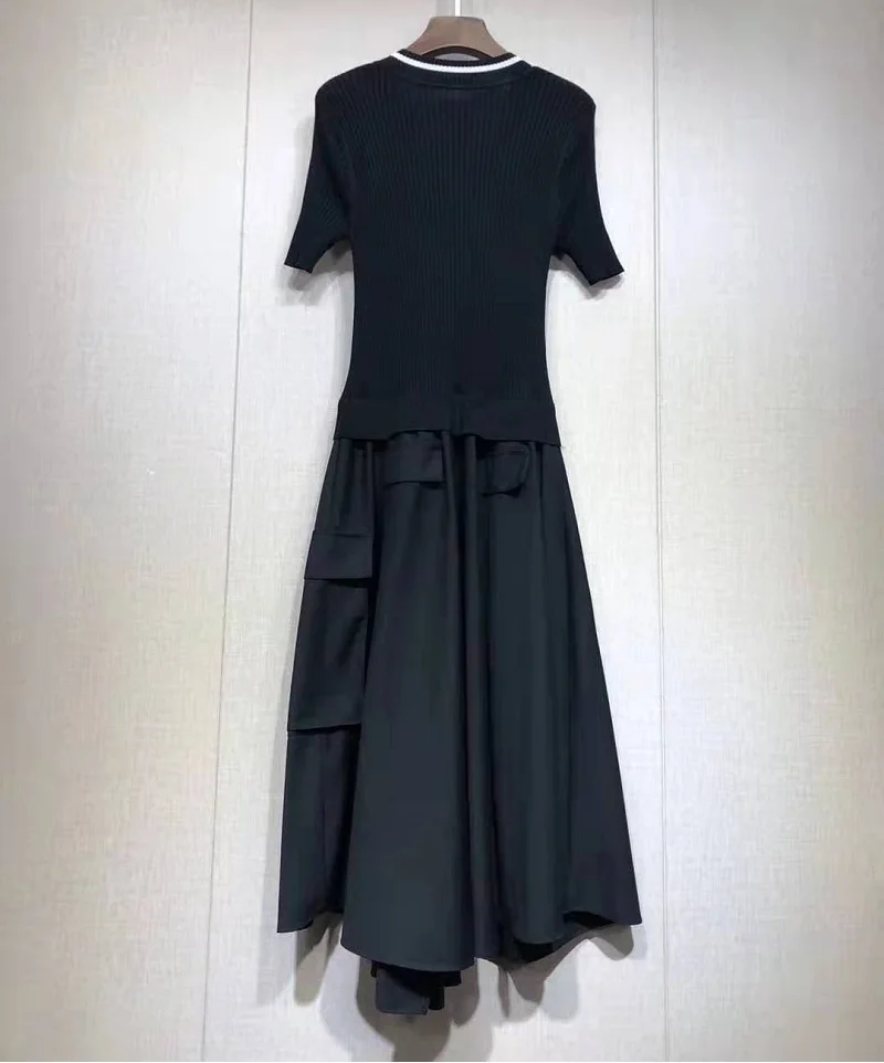 Цельнокроеное платье осеннее Повседневное платье Vestidos женское трикотажное лоскутное платье с v-образным вырезом и коротким рукавом длиной до середины икры темно-синее платье для женщин