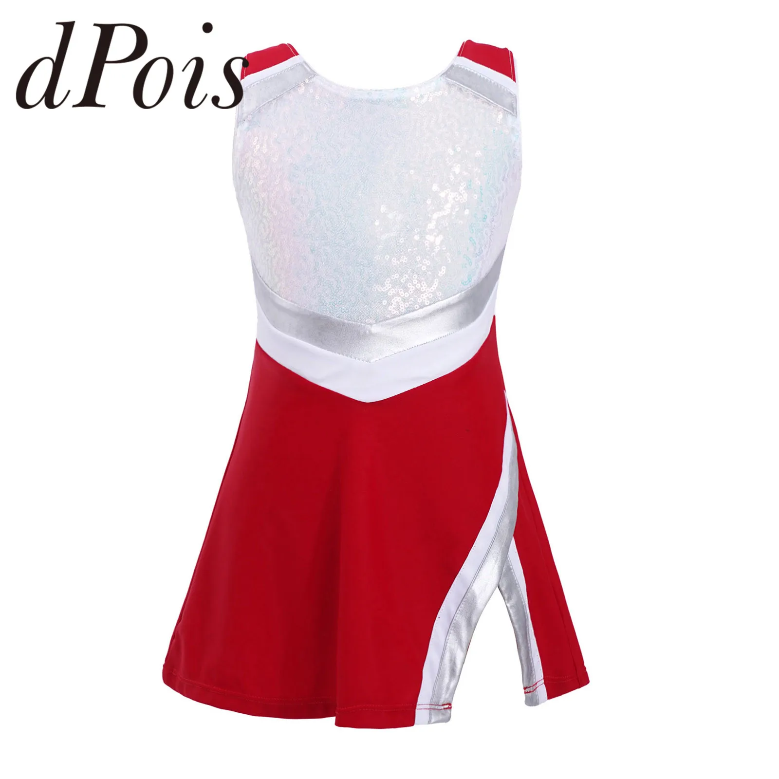 Kids Cheerleading Dancewear Girls Dance Outfit Sleeveless Shiny Sequins Sport Dress with Shorts Set Jazz Ballroom Dance Costume