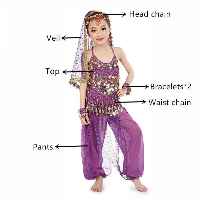 Purple 7 pcs 8 цветов Набор костюма для танца живота Восточные Танцевальные костюмы для девочек Египетский Болливуд Индийский танец живота для детей - Цвет: Purple 7 pcs