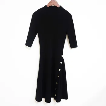 

M's 20 autumn / winter rib slim fitting French knitted dress feminine celebrity style button up mid length 20290