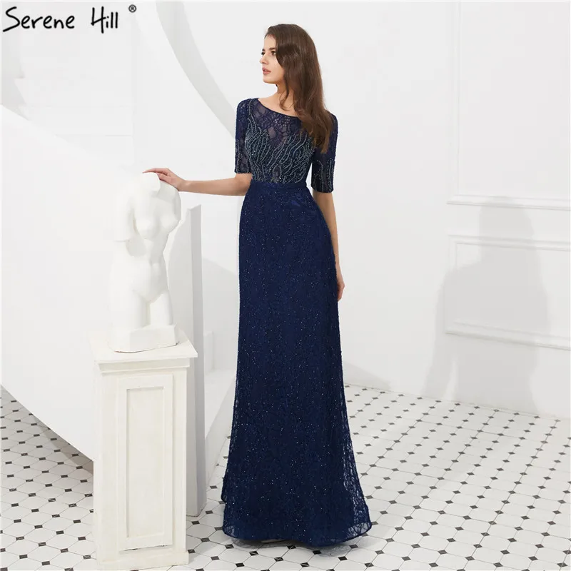 Темно-синий o-образным вырезом кружева A-Line Вечерние платья Половина рукава Бисероплетение Кристалл формальное платье длинное Serene Хилл LA60803
