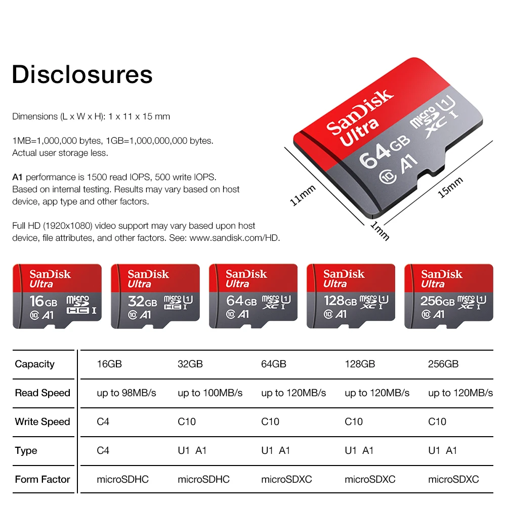 SanDisk 16GB Memory Card 128GB Class 10 Microsd 64GB 32GB SDCard 98MB/s UHS-I A1Card + Adapter + Card reader
