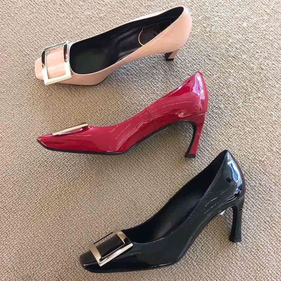 

2020 New Square Toe Stiletto High Heel Medium Heel Shallow Square Buckle Women's Shoes Wedding Shoes