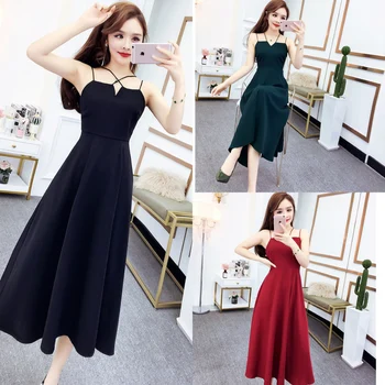 

Summer new Hepburn wind black waist careful machine female in long skirt with shoulder-straps little black dress dress