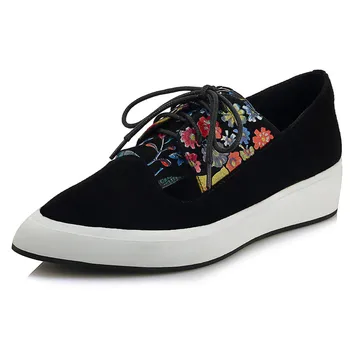 

Women's natural suede leather patchwork lace-up plaform flats pointed toe casual sneakers female soft comfort espadrilles shoes