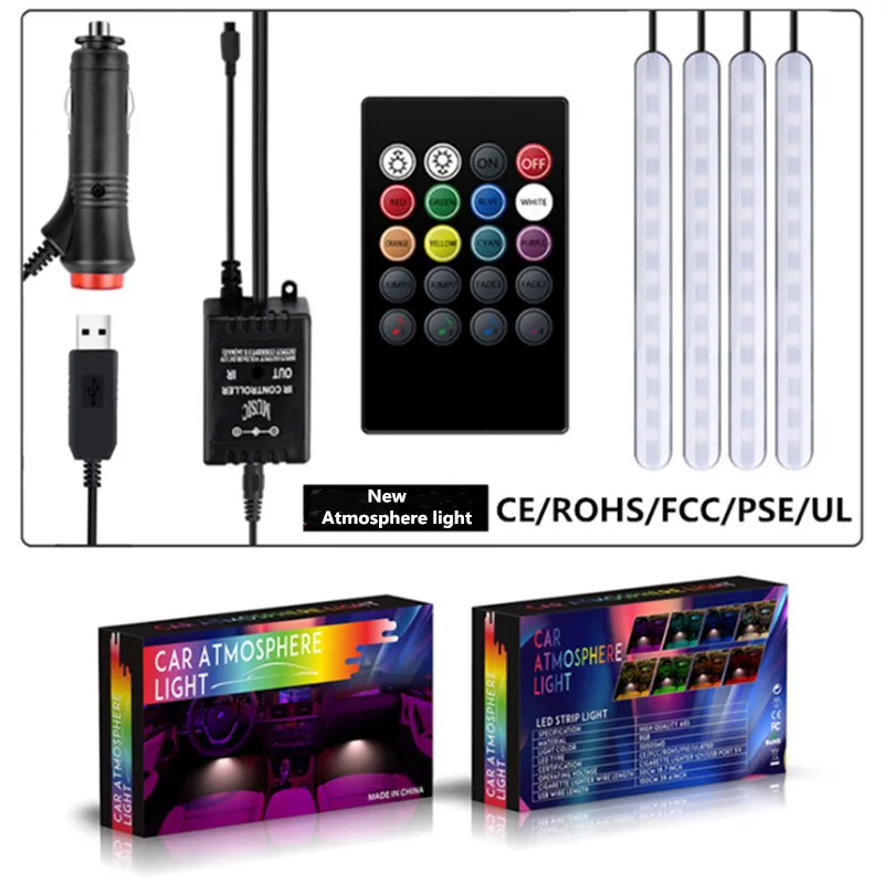 1 Set New Car RGB LED Strip Light Music Mode Remote Control 12V Auto Interior Decorative Atmosphere Lights Pathway Floor Lamp | Автомобили