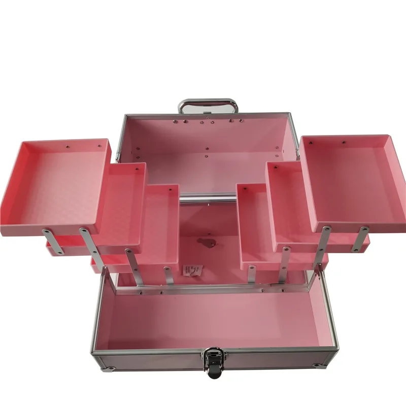 

4 Layers Large Capacity Pink Aluminum Makeup Train Case Jewelry Box Cosmetic Organizer Lockable Handle Cosmetic Makeup Case