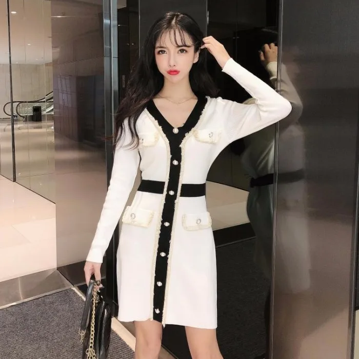 

2019 Autumn Clothing New Style Korean-style Elegant Debutante Fashion Pearl Single Breasted Fake Pocket Jersey Dress Women's Fas
