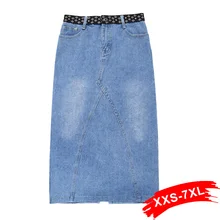 Размера плюс контрастный дизайн печати Высокая Талия до середины икры Длина джинсы макси юбки 3Xl 5Xl Весна разрез сзади белый мыть длинная джинсовая юбка