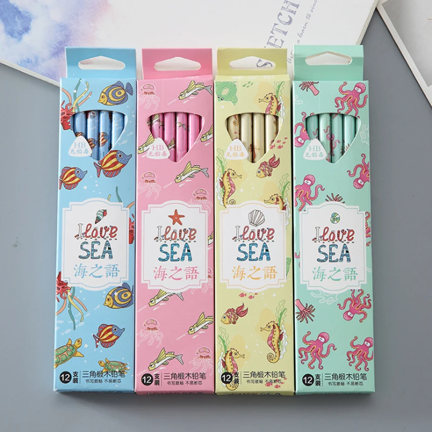 

96pcs/lot I LOVE SEA 4 Style HB Rubber Head Wooden Pencil With Eraser Stationery School Student Girl Gift Wholesales