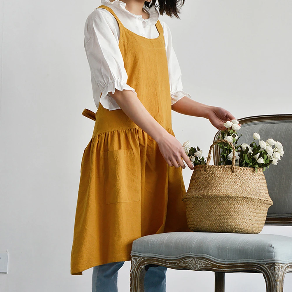 Women Antifouling Cross Back Pockets Cooking Baking Apron Dress Work Clothes Household Cleaning Tools Aprons Pockets Cross Back
