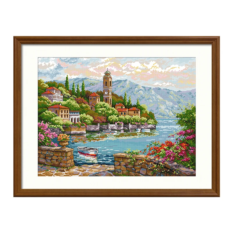 

European Style Landscape Pattern Cross Stitch Kit, Como Lake Print Canvas, DIY 11CT Cross-Stitch, Unfinished Neddle Kit