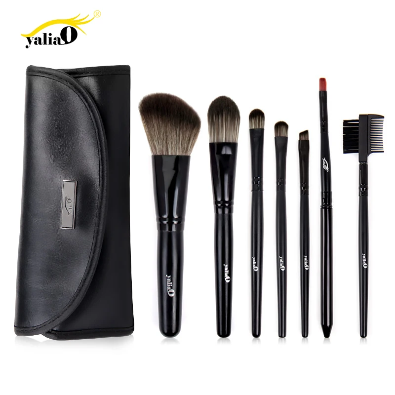 

YALIAO 7pcs Black Makeup Brushes Set Synthetic Hair Wooden Handle Blush Cheek Eye Shadow Lip Eyebrow Foundation Brush with Bag
