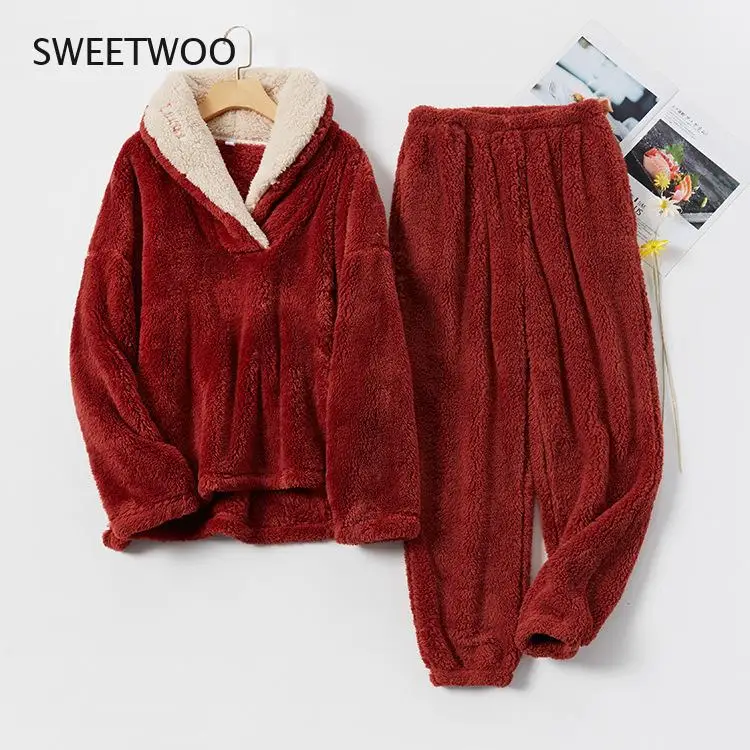 Coral Fleece Pajamas Women Autumn and Winter Flannel Pajamas Pajamas Set Thickening Couples Home Service