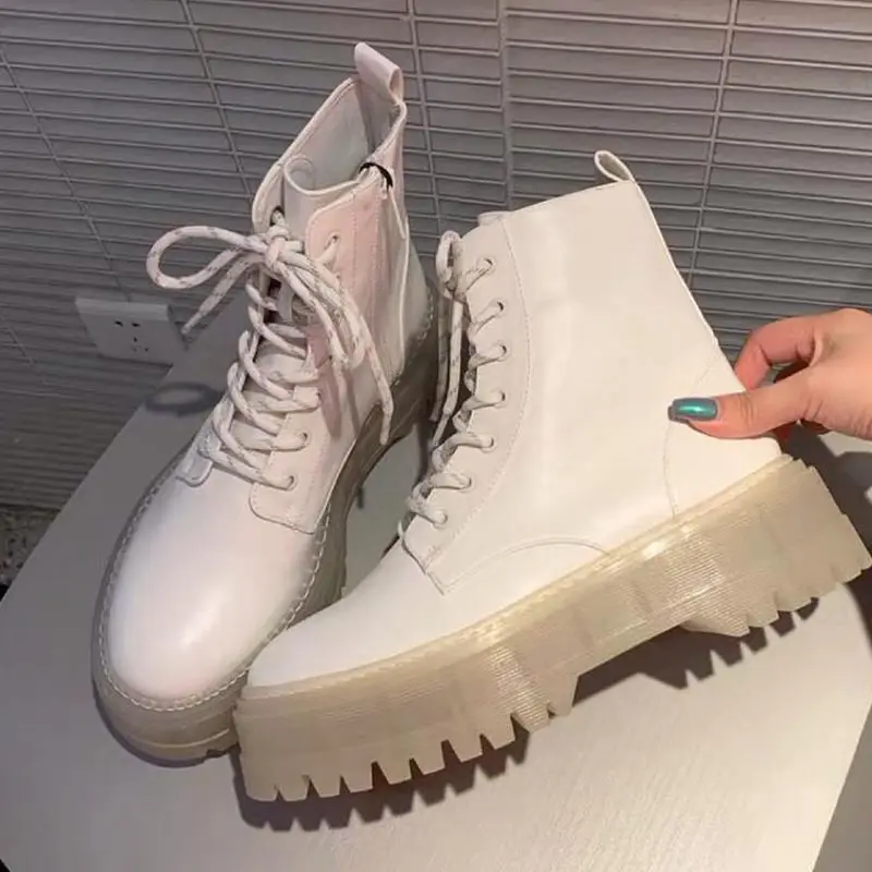 Botines de plataforma para Mujer, Botas cortas de moto, zapatos cálidos de invierno, informales de fondo grueso, calzado blanco