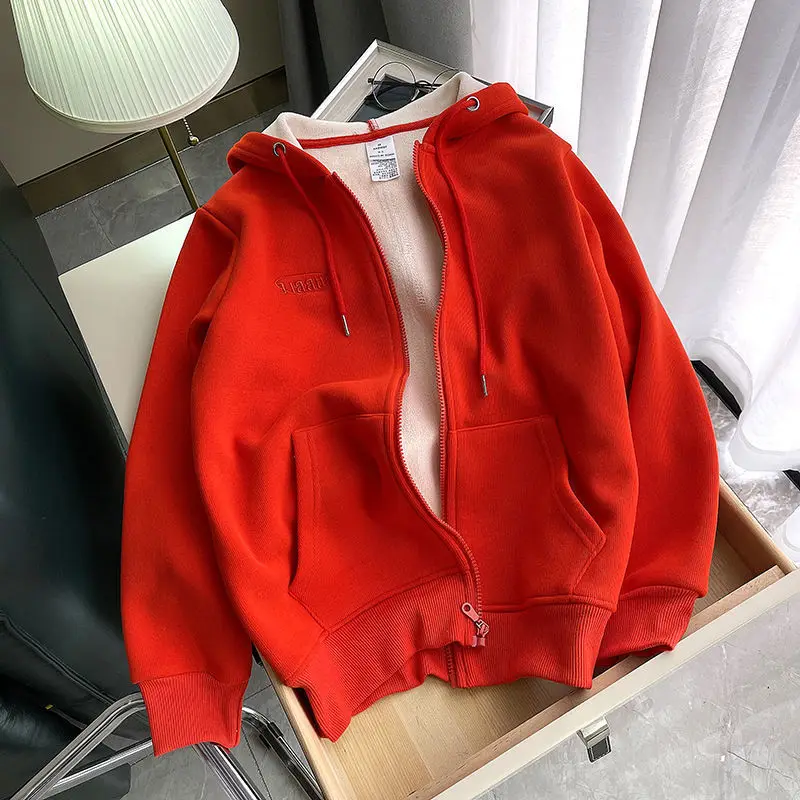 CGC Winter Oversize Zip Up Hoodies Women 2022 Harajuku Hooded Sweatshirts Female Warm Plus Velvet Hoodies Jacket Casual Tops