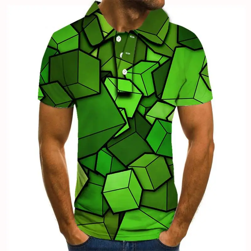 

2020 nepolo homme Mens Polo Shirt Brands Summer Short Sleeve Fashion Casual Slim Green cube Printed Polo Men Jerseys Tops