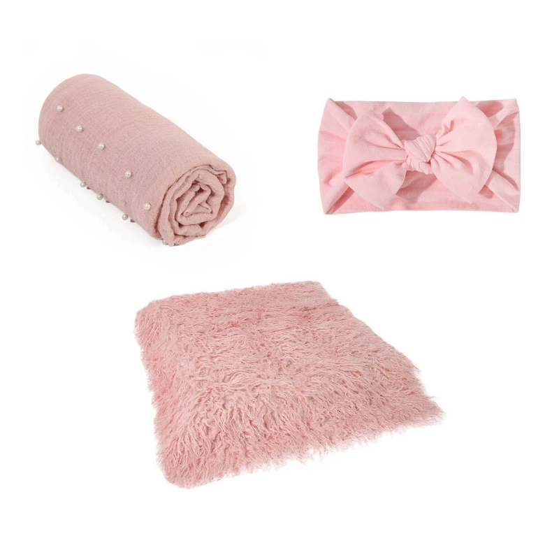 

2024 New 3 Pcs Newborn Photography Props Fur Blanket Headband Swaddle Wrap Set Headwrap Turban for Infants Photo Shooting