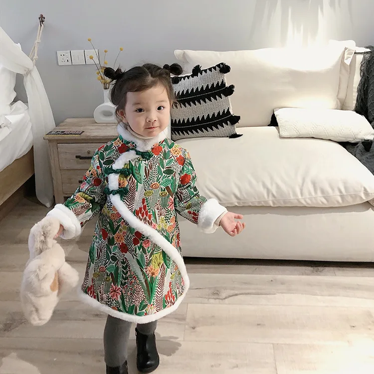 Китайский стиль стиль Мода Цветочный теплый cheongsam Зима мягкий флис утолщаются стеганые ручная Пряжка Платье