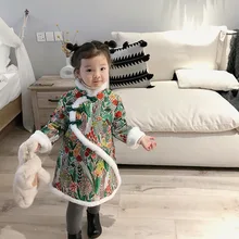 Китайский стиль стиль Мода Цветочный теплый cheongsam Зима мягкий флис утолщаются стеганые ручная Пряжка Платье