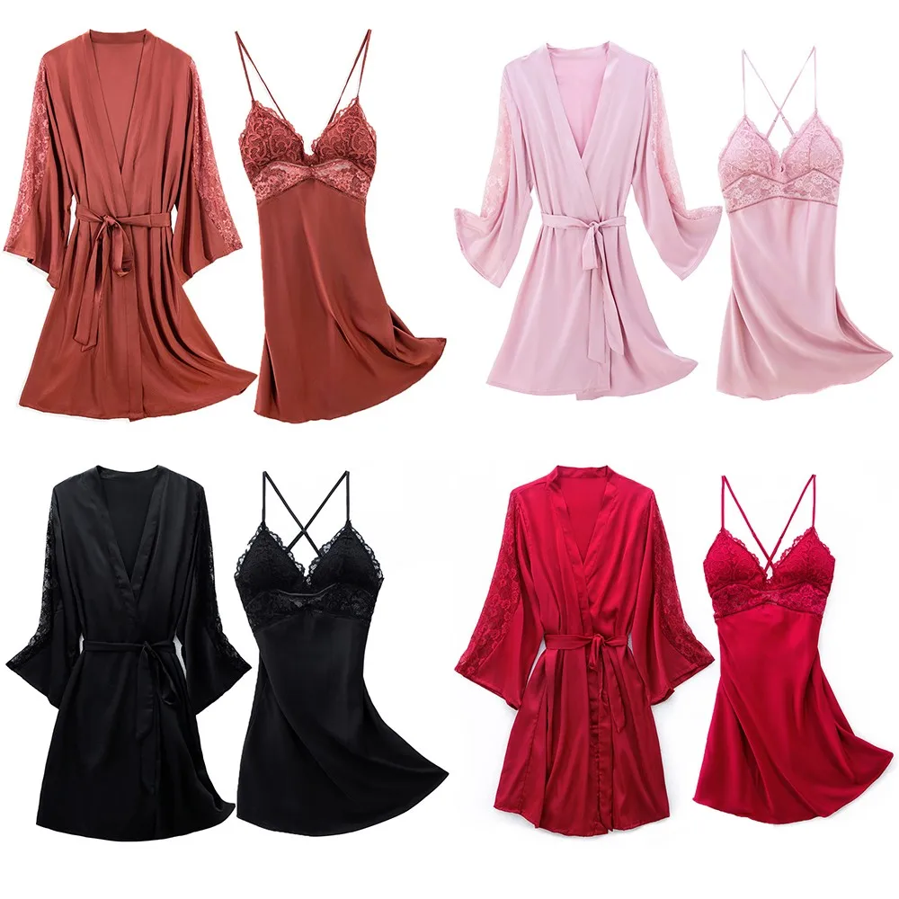 Women Sexy Robe Set Sleepwear Faux Silk Kimono Gown Lacee Lingerie Nightdress Soft Perspective Bridal Wedding Gift women dress women sleepwear bride robes silk robe sleepwear pajamas cotton bathrobe
