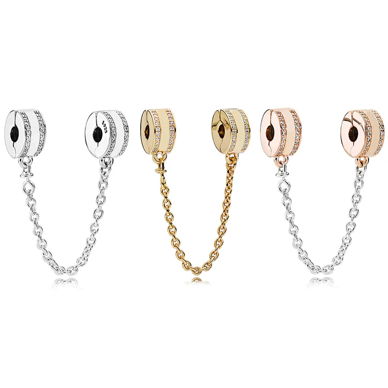 

Real 925 Sterling Silver Bead Rose Gold Signature Logo Safety Chain Charm Fit Pandora Women Bracelet Bangle Gift DIY Jewelry