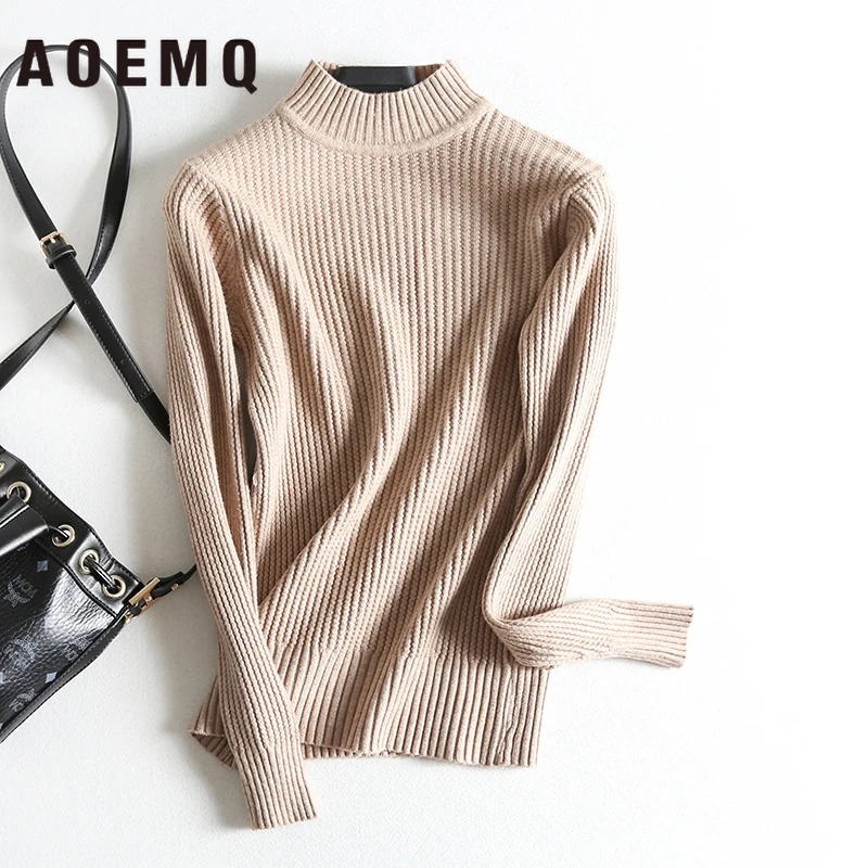 

AOEMQ Christmas Sweater Winter Cotton Keep Warm Pullover Turtleneck Sweater Solid Striped Women Tops for Women Clothing