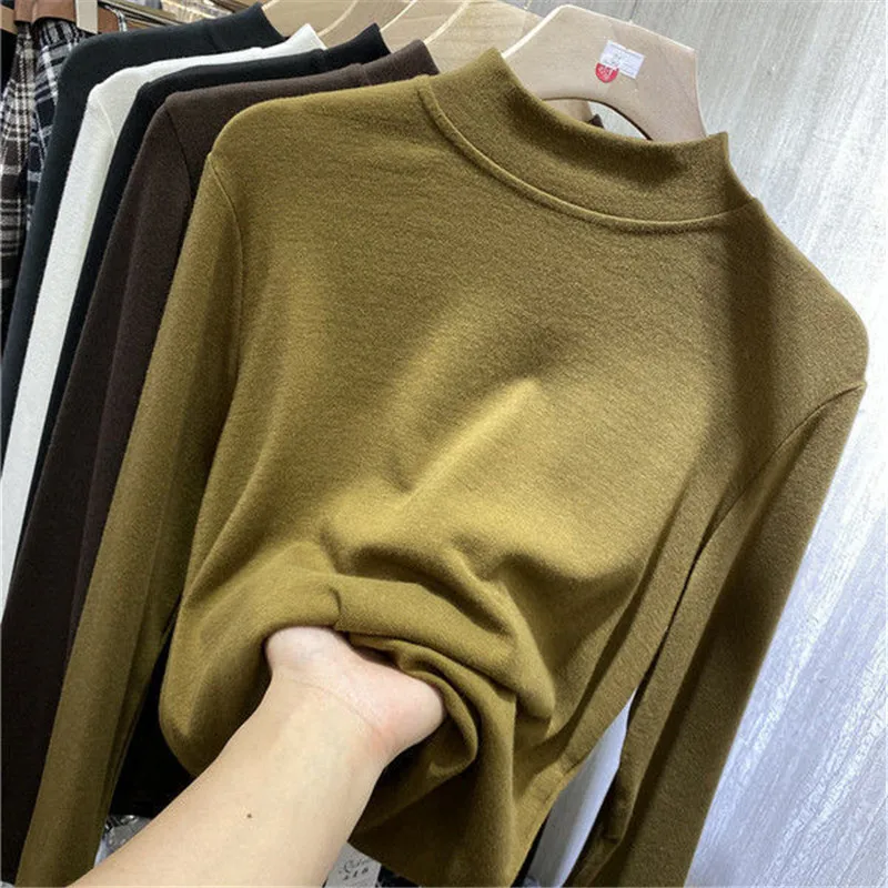 

Brushed Plus Fleece Long-Sleeved T-Shirt Bottoming Shirt Women's 2020 Autumn And Winter New Fashion All-Match Thinner Top
