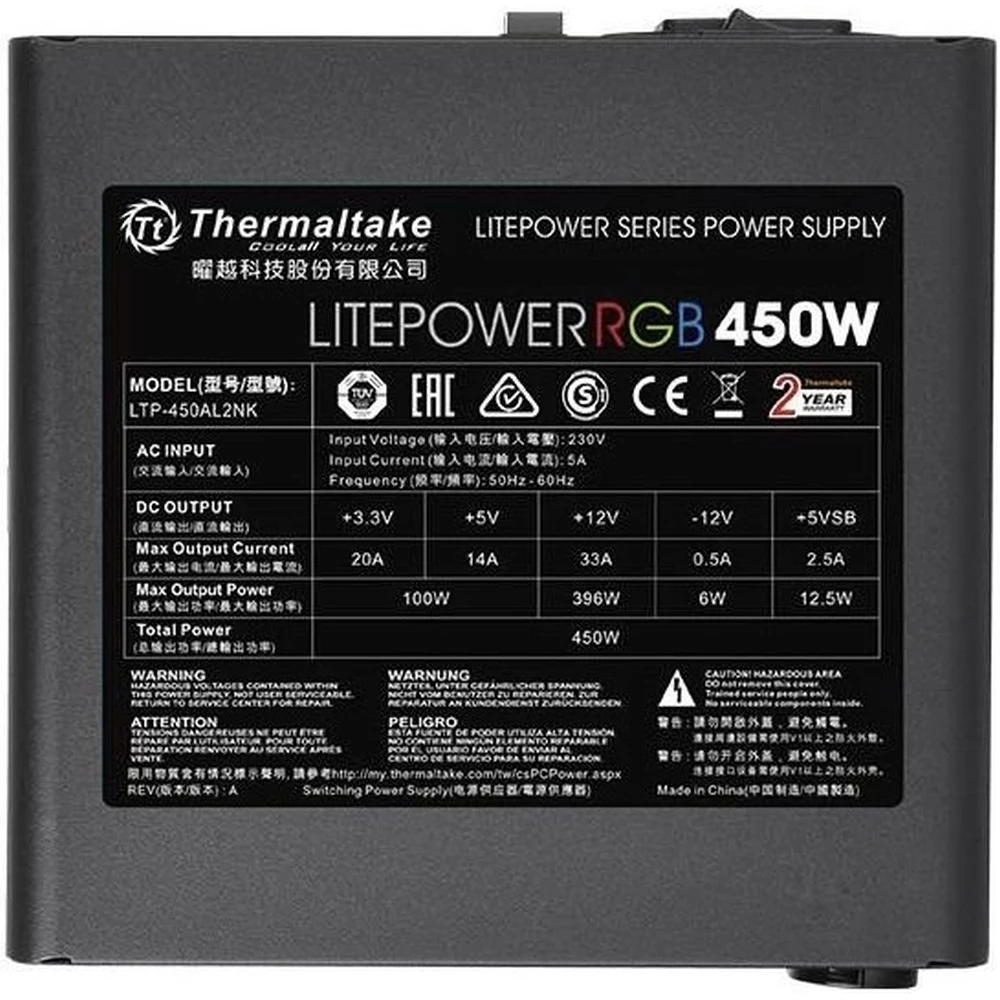 Блок питания Thermaltake ATX 450W Litepower RGB 450(24+4+4pin) APFC PPFC 120mm fan color LED 4xSATA